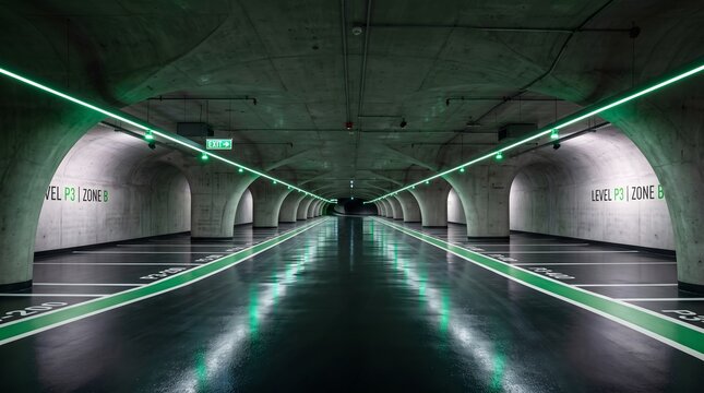 Modern underground parking garage with green neon lighting