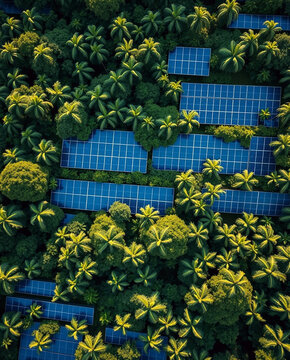 Solar panel palm tree tropical forest renewable energy aerial view green energy jungle canopy blue panel sustainable, solar panel array above dense tropical forest with palm tree canopy
