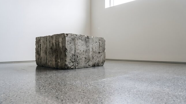 Large concrete block sits on a polished floor in a minimalist gallery
