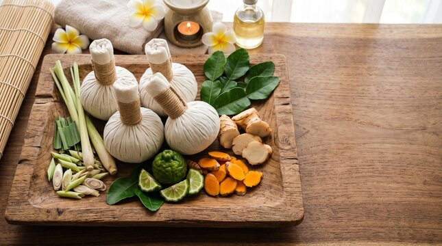 Thai herbal compress balls with fresh lemongrass and turmeric, traditional spa treatment