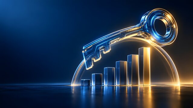 Business financial success and security concept with transparent glass key over rising growth bar chart protected by dome