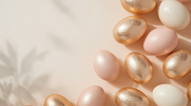 Pastel Easter egg arrangement with metallic eggs and gentle spring shadow