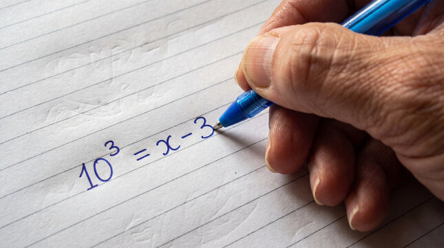 Hand Writing Math Equation 10 Cubed Equals X Minus 3 with Blue Pen on Lined Paper