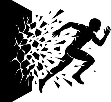 Silhouette of a man breaking through a wall, representing overcoming obstacles, determination, and success