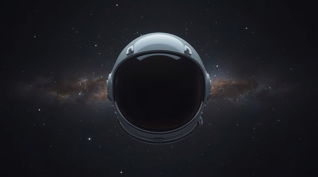 Reflective astronaut helmet floating in deep space beneath starry galaxy backdrop