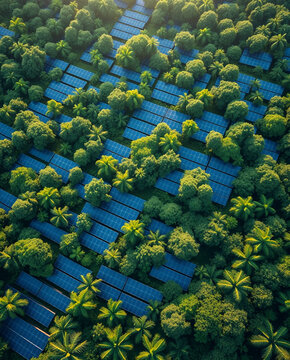 Solar panel forest aerial renewable energy tree green sustainable tropical environment canopy Solar panel array among tropical forest canopy, aerial view with green tree cover, renewable energy