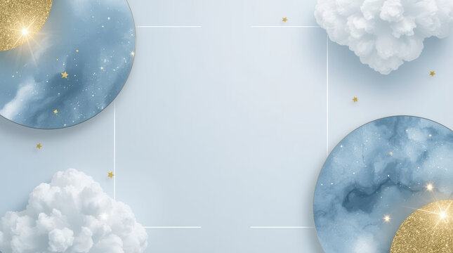 Minimal celestial social media template with blue moon, gold sun, cloud, and pale blue background