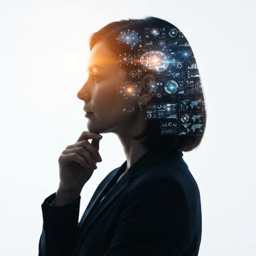 Woman business technology profile artificial intelligence digital brain thoughtful professional woman elegant business attire, left facing silhouette with glowing data interface and futuristic