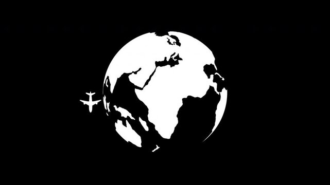 air plane flying rotation 360&deg; of 3D world map globe white flat color texture motion graphic animation for travel, destination journey, around the world animation on transparent background, 4k video