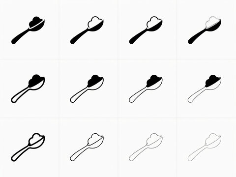 Various styles of black and white measuring spoons with transparent background
