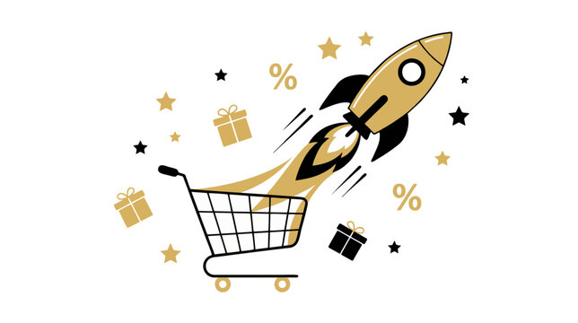 Shopping cart transformed into a dynamic rocket launching upward, surrounded by packages, percentage symbols, abstract stars, e-commerce growth and sales acceleration concept, Black Friday