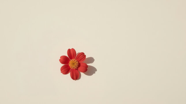 Red flower on minimalist beige background with soft shadow
