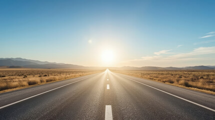Fototapeta premium Open road through desert landscape beneath bright sun evokes freedom and adventure