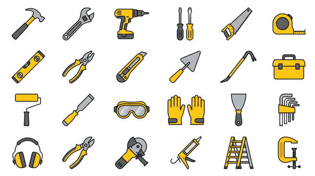 Comprehensive collection of 24 flat vector construction hand tools and power equipment icons arranged in a 6x4 grid layout. Isolated on a solid white