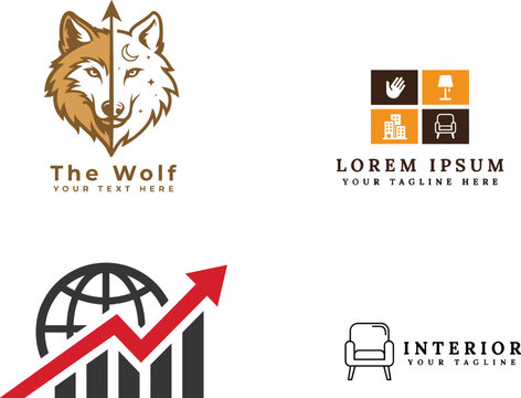 Professional Logo Collection Featuring Wolf Emblem, Business Growth Chart, Interior Design and Corporate Icons