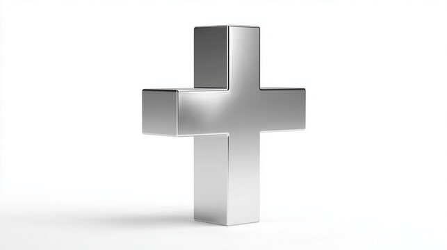 A shiny silver cross sculpture stands against a white background.
