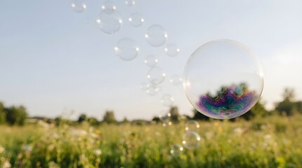 Fototapeta premium Beautiful translucent soap bubbles floating in a sunny green summer meadow during golden hour