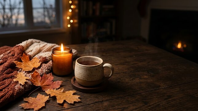 Cozy Autumn Tabletop Setup with Steaming Mug, Candle and Fall Leaves