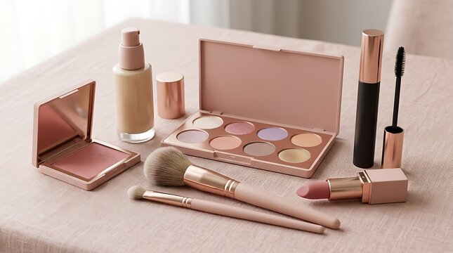 Collection of pink makeup cosmetic products and brushes for face beauty routine. high-end makeup bundles