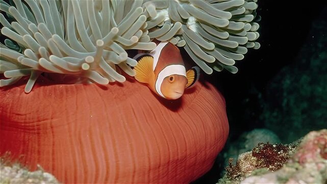 Clown fish or anemone fish hiding in bright fluorescent sea anemone (actinia). Nemo fish in colorful underwater environment.
