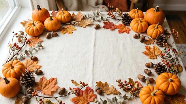 Autumn Harvest Decoration with Pumpkins and Leaves on a Tabletop View