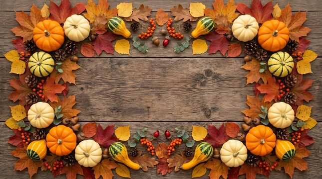 Autumnal Harvest Frame With Pumpkins and Colorful Leaves on Rustic Wood