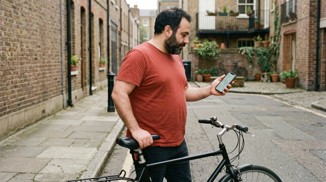 Man checking a route on his phone beside his bicycle