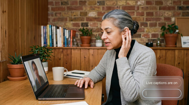 Woman on a video call cupping a hand near her hearing aid