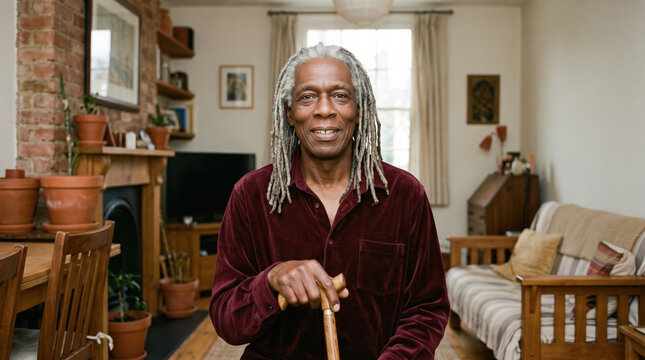 Portrait of an older man with silver locs in his living room