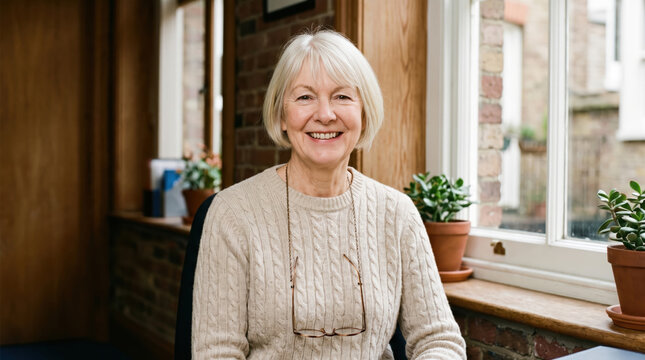 Portrait of an older woman with a white-blonde crop by a window