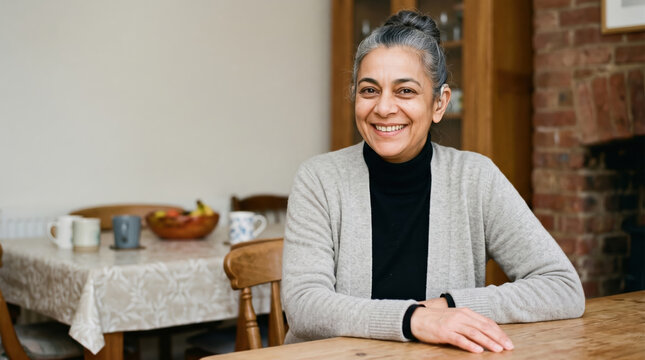 Portrait of a woman with a hearing aid at her dining table
