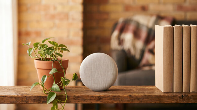 Fabric smart speaker on a wooden shelf beside a plant