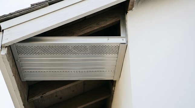 Aluminum perforated soffit vent panel installed under house roof eave with exposed timber framing and white exterior wall for residential attic ventilation and home renovation construction
