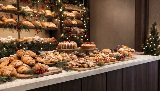 Freshly baked pastries and cakes displayed on a wooden counter during the festive holiday season at a bakery