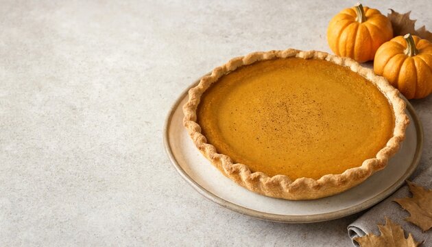 Freshly baked homemade pumpkin pie on a rustic plate with small pumpkins