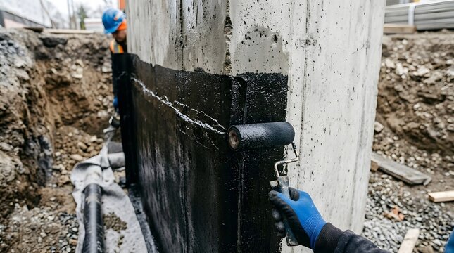 Construction worker applying black bitumen waterproof coating with paint roller on concrete foundation wall in trench for commercial building moisture barrier insulation and protection