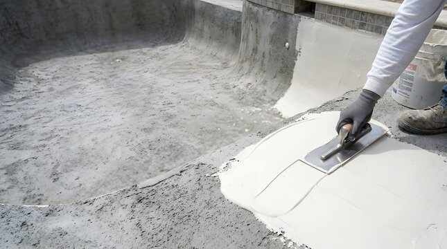 Professional contractor applying smooth white waterproof sealant with a metal trowel onto a gray concrete swimming pool floor for durable moisture protection and renovation during bright daylight work