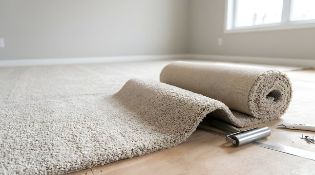 Close up view of soft beige plush carpet roll unrolling on wooden subfloor with installation tools in bright empty modern room during home improvement renovation and flooring project