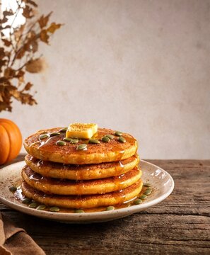 Stack of delicious homemade pumpkin pancakes with melting butter syrup and pumpkin seeds