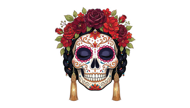 Mexican sugar skull vector with red rose flower crown and traditional makeup for Day of the Dead celebration