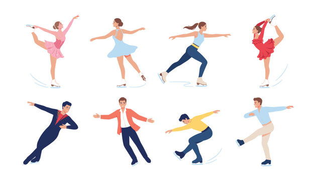 Figure skating athletes performing professional jumps spins and poses set of isolated male and female skaters vector illustration