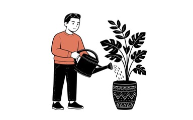Man watering houseplant with watering can, indoor plant care and gardening hobby concept flat vector illustration © Eddo anjink banggetz