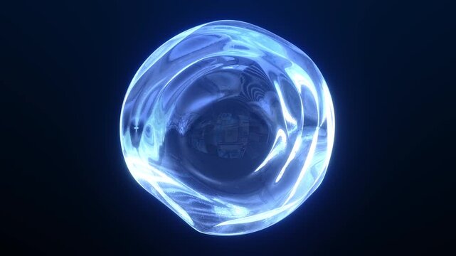 Looping blue liquid glass sphere with flowing reflections and glowing edges on a dark background.