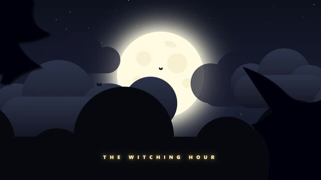 A premium atmospheric Halloween motion graphic showing a giant glowing full moon with parallax vector clouds drifting by, framed by creepy silhouette branches and flying bats.