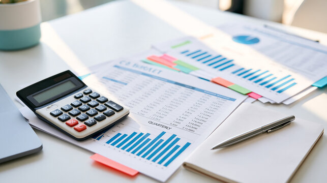 Marketing budget reports arranged beside a calculator on a white desk campaign spending columns and return on investment charts aligned across quarterly worksheets colored tabs