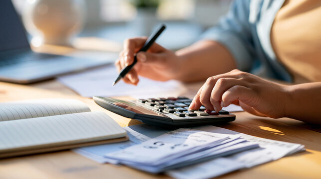Cropped hands calculating monthly household expenses at a wooden desk calculator beside a lined budget notebook and neatly grouped utility bills pen indicating a subtotal while