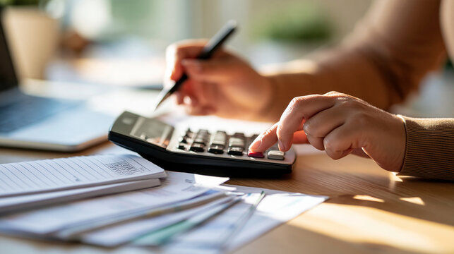 Cropped hands calculating monthly household expenses at a wooden desk calculator beside a lined budget notebook and neatly grouped utility bills pen indicating a subtotal while