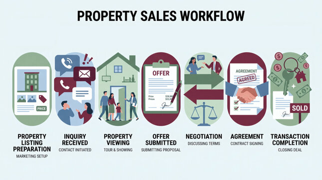 Real Estate Property Sales Workflow Infographic with Home Buying Process Steps