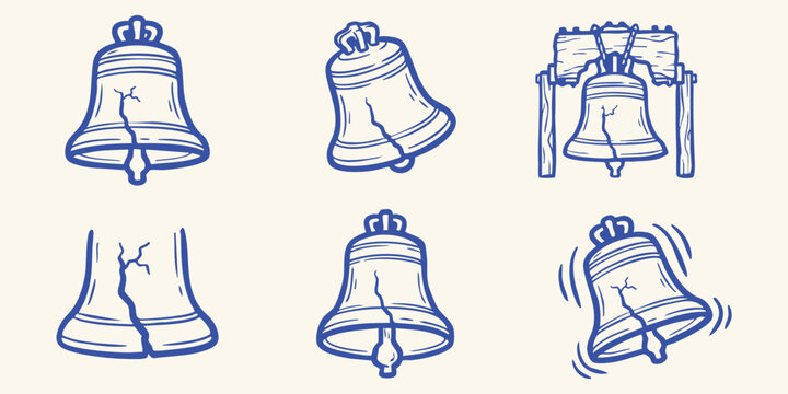 Set of liberty bell icons in various styles and angles, featuring the iconic crack, vector illustration