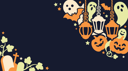 A festive halloween background vector featuring cute ghosts pumpkins and hanging lanterns for your spooky holiday seasonal design projects © MstFatema